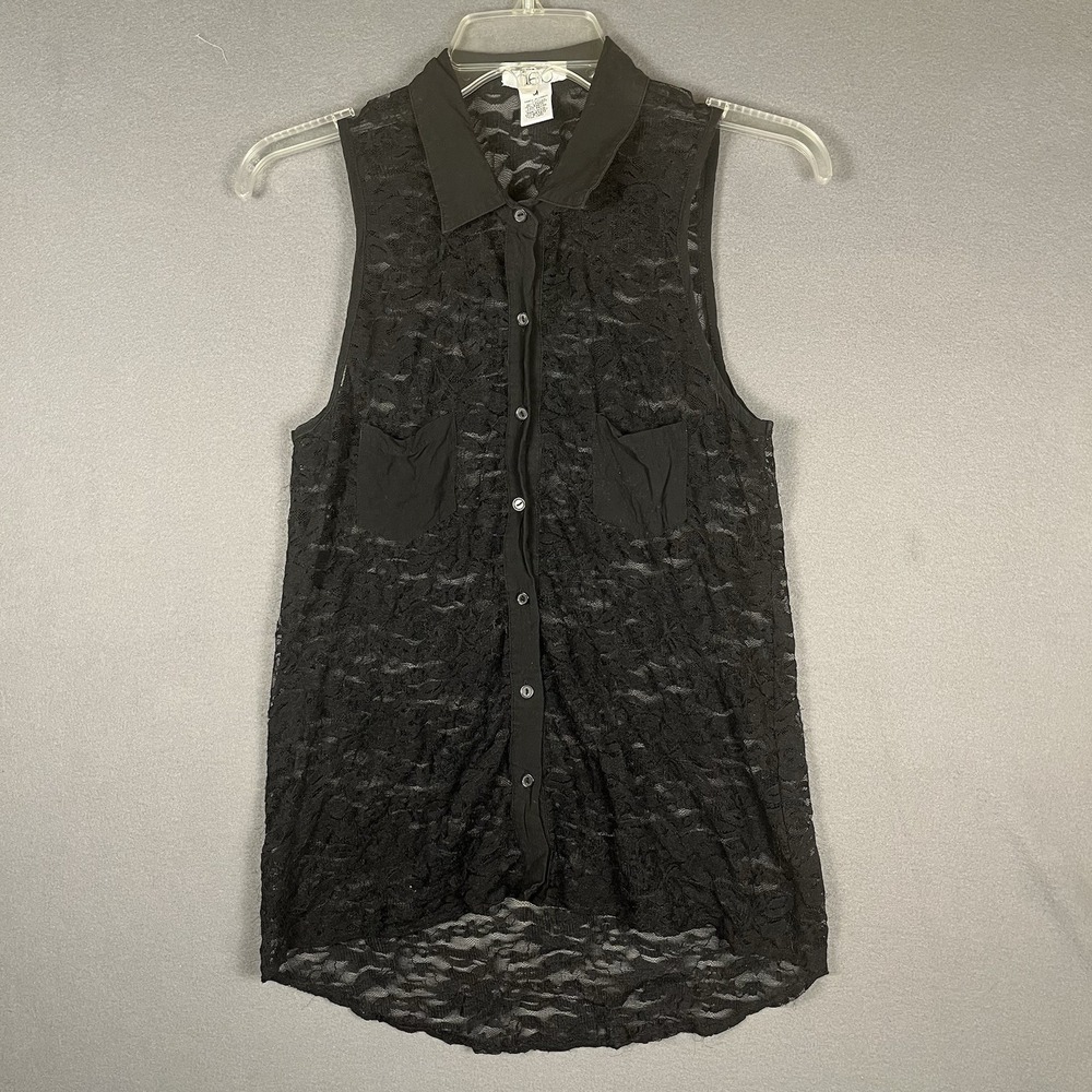 Black Lace Button Top‎ Sheer Floral Gothic Y2K Dark Romantic Whimsigoth Size M
